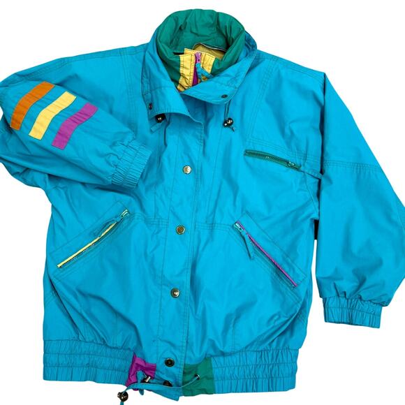 Vintage 80s Colorblock Ski Teal London Fog S Jacket Retro Neon Unisex Oversized - Picture 3 of 8